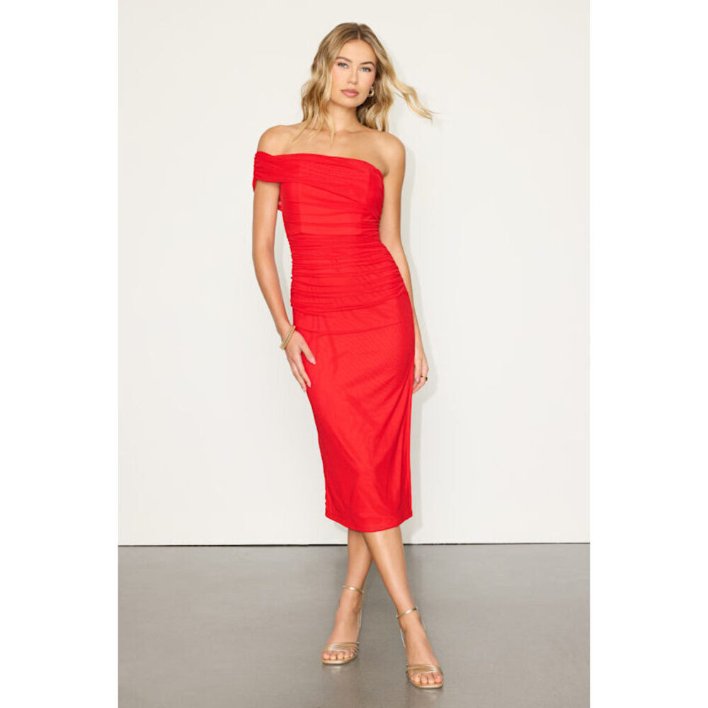 Lulus Jayleen Red Mesh One-shoulder Midi Dress - Size M